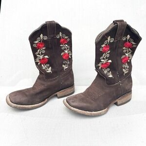Jar Boots Square Toe Western Cowboy Brown Leather Girls 10 Mexico Red Flowers